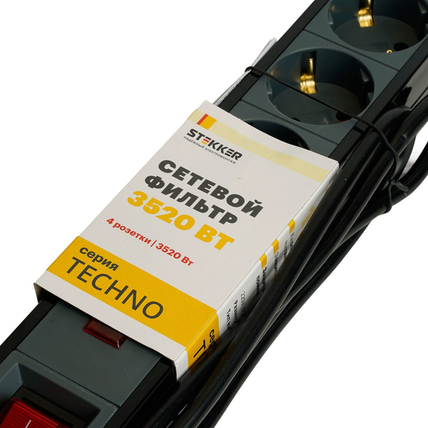 Сетевой фильтр 3-местный с/з Stekker 3x1мм2, 1,8 м, 250В, 16А Techno, HM22-31-02, черный 50153
