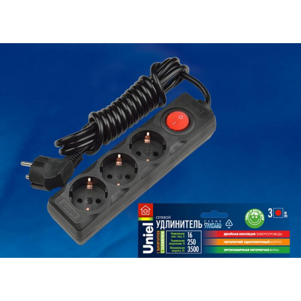 Удлинитель Uniel 2гн х 3м с/з Standard S-GCD3-3B Black UL-00003608 Удлинитель Uniel 2гн х 3м с/з Standard S-GCD3-3B Black UL-00003608