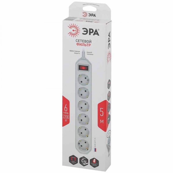 Сетевой фильтр ЭРА USF-6es-5m-W-Box Б0037264 Сетевой фильтр ЭРА USF-6es-5m-W-Box Б0037264