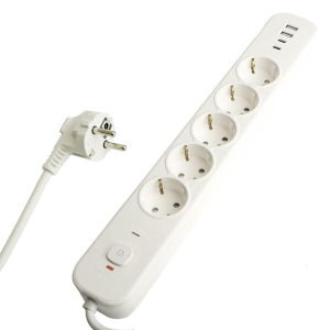 Сетевой фильтр 5-местный с/з STEKKER 3x1мм2, 3 м, 250В, 16А, 2 USB-A+2 Type-C 3, серия Nova, белый