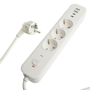 Сетевой фильтр 3-местный с/з STEKKER 3x1мм2, 3 м, 250В, 16А, 2 USB-A+2 Type-C 3, серия Nova, белый