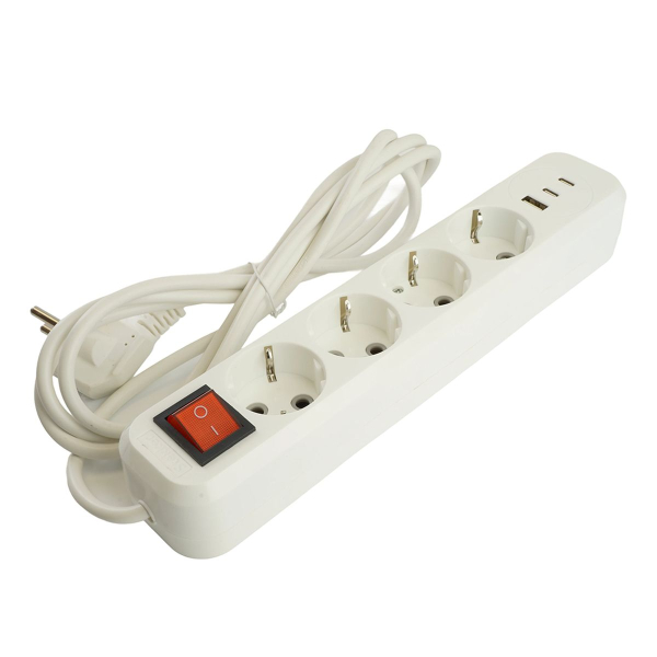 Удлинитель 4-местный с/з с выключ. Stekker HM071-41-03 3x1мм2, 3м, 250В, 16А, 1USB+2C, 2.4A Home, белый 50140