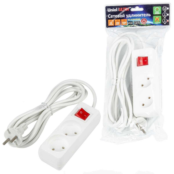Удлинитель Uniel Ultra 2гн х 3м б/з S-CU2-3B White UL-00009992 Удлинитель Uniel Ultra 2гн х 3м б/з S-CU2-3B White UL-00009992