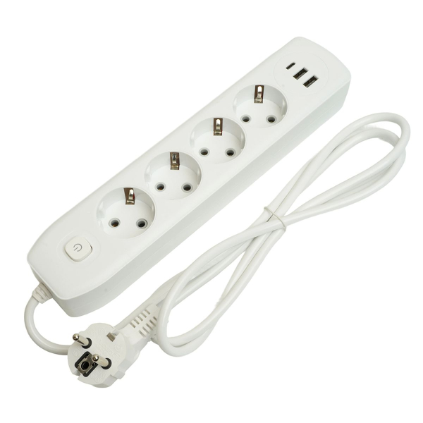 Удлинитель 4-местный c/з 3x1 мм2, 1,8 м, 250В, 10А, 2USB+1Type-C 2,4А Home plus, белый Stekker HM08-43-02 49971