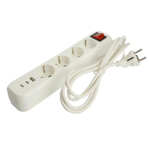 Удлинитель 4-местный с/з с выключ. Stekker HM071-41-02 3x1мм2, 2м, 250В, 16А, 1USB+2C, 2.4A Home, белый 50139