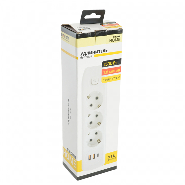 Удлинитель 3-местный c/з 3x1 мм2, 1,8 м, 250В, 10А, 2USB+1Type-C 2,4А, серия Home plus, белый STEKKER HM08-33-02 49970 Удлинитель 3-местный c/з 3x1 мм2, 1,8 м, 250В, 10А, 2USB+1Type-C 2,4А, серия Home plus, белый STEKKER HM08-33-02 49970