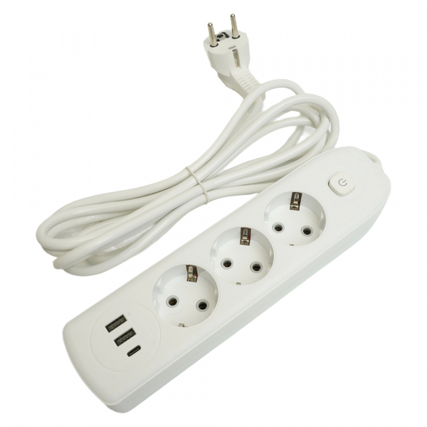 Удлинитель 3-местный c/з 3x1 мм2, 1,8 м, 250В, 10А, 2USB+1Type-C 2,4А, серия Home plus, белый STEKKER HM08-33-02 49970 Удлинитель 3-местный c/з 3x1 мм2, 1,8 м, 250В, 10А, 2USB+1Type-C 2,4А, серия Home plus, белый STEKKER HM08-33-02 49970