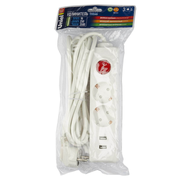 Удлинитель Uniel 2гн х 3м c/з Standard S-GCD2-3BU White UL-00006677