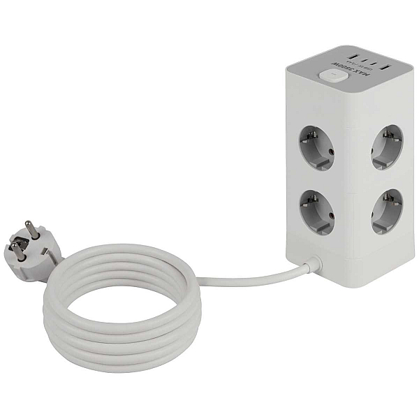 Сетевой фильтр ЭРА TWR-8es-1,5m-4USB-W башня с защитой заземлением с выключателем 8 розеток+4xUSBA+C 1,5м 16А белый Б0069071