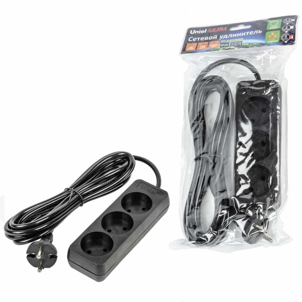 Удлинитель Uniel Ultra 3гн х 3м б/з S-CU3-3 Black UL-00009983