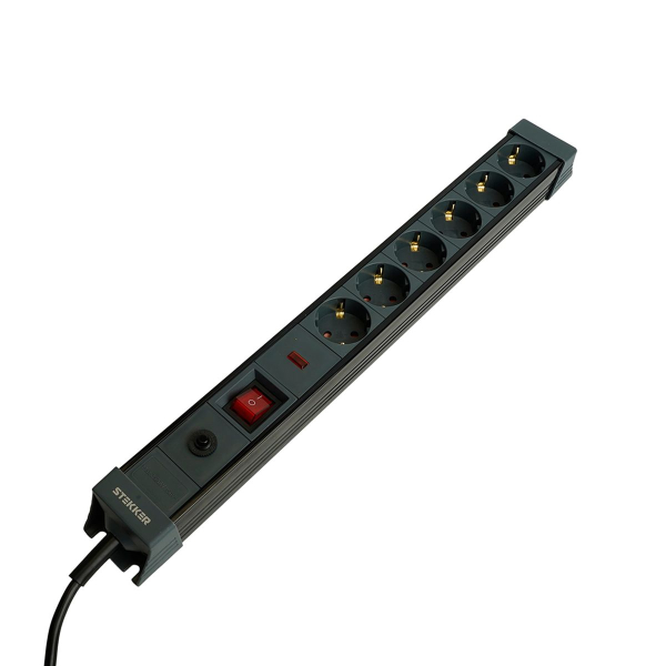 Сетевой фильтр 6-местный с/з Stekker 3x1мм2, 1,8 м, 250В, 16А Techno, HM22-61-02, черный 50159