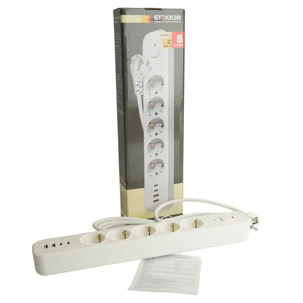 Сетевой фильтр 5-местный с/з STEKKER 3x1мм2, 3 м, 250В, 16А, 2 USB-A+2 Type-C 3, серия Nova, белый