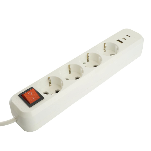 Удлинитель 4-местный с/з с выключ. Stekker HM071-41-03 3x1мм2, 3м, 250В, 16А, 1USB+2C, 2.4A Home, белый 50140