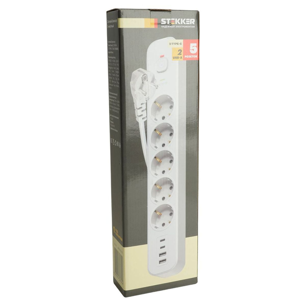 Сетевой фильтр 5-местный с/з STEKKER3x1мм2, 1,8 м, 250В, 16А, 2 USB-A+2 Type-C, серия Nova, белый