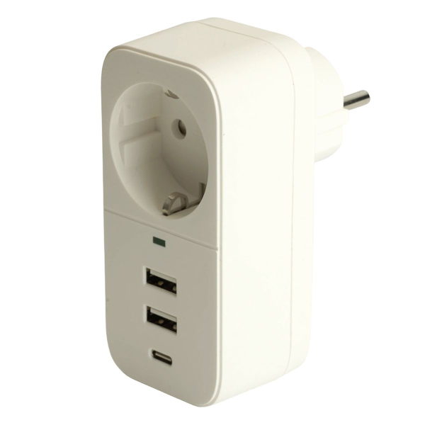 Сетевой фильтр 1-местный с/з Stekker 250В, 16А, 2USB+1Type-C 2,4 A Nova, HM81-11-1, белый 50142