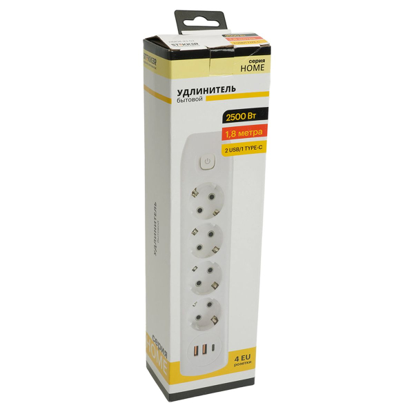 Удлинитель 4-местный c/з 3x1 мм2, 1,8 м, 250В, 10А, 2USB+1Type-C 2,4А Home plus, белый Stekker HM08-43-02 49971