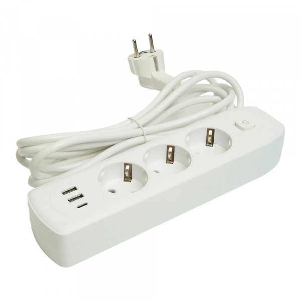 Удлинитель 3-местный c/з 3x1 мм2, 3 м, 250В, 10А, 2USB+1Type-C 2,4А, серия Home plus, белый STEKKER HM08-33-02 49977 Удлинитель 3-местный c/з 3x1 мм2, 3 м, 250В, 10А, 2USB+1Type-C 2,4А, серия Home plus, белый STEKKER HM08-33-02 49977
