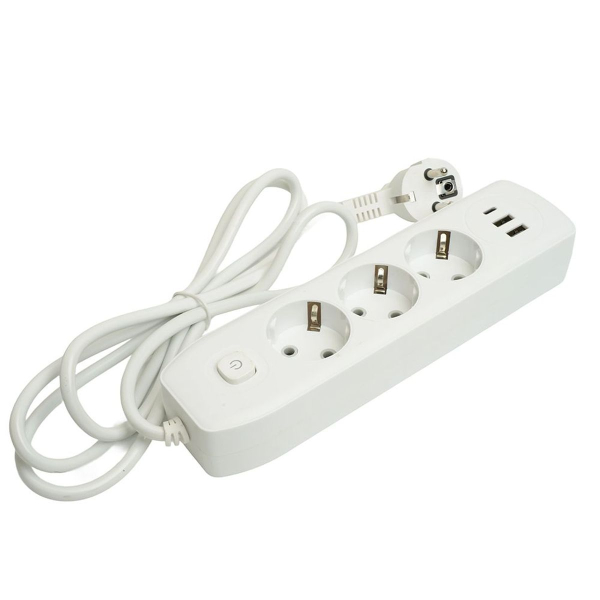 Удлинитель 3-местный c/з 3x1 мм2, 1,8 м, 250В, 10А, 2USB+1Type-C 2,4А, серия Home plus, белый STEKKER HM08-33-02 49970