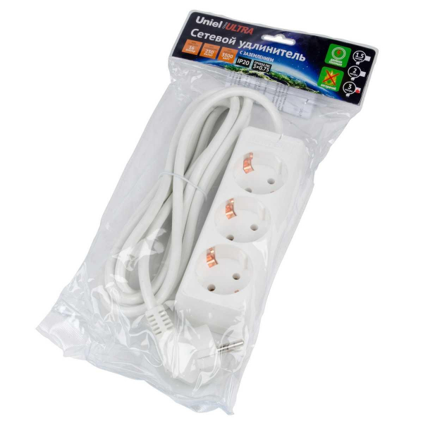 Удлинитель Uniel Ultra 3гн х 3м с/з S-GCU3-3 White UL-00010001 Удлинитель Uniel Ultra 3гн х 3м с/з S-GCU3-3 White UL-00010001