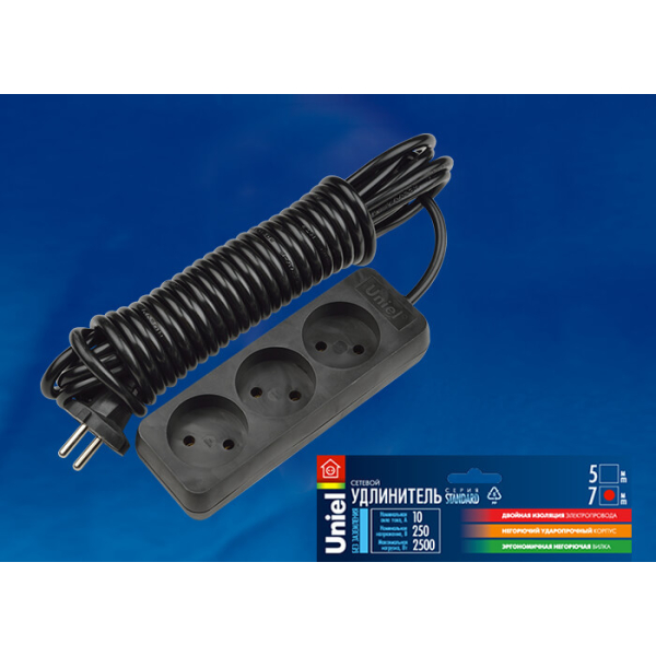 Удлинитель Uniel 3гн х 7м б/з Standard S-CD3-7 Black UL-00003606