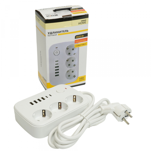 Удлинитель 3-местный c/з 3x1 мм2, 1,8 м, 250В, 10А, 4USB+2Type-C 2,4А, серия Home plus, белый STEKKER HM09-36-02 49972 Удлинитель 3-местный c/з 3x1 мм2, 1,8 м, 250В, 10А, 4USB+2Type-C 2,4А, серия Home plus, белый STEKKER HM09-36-02 49972