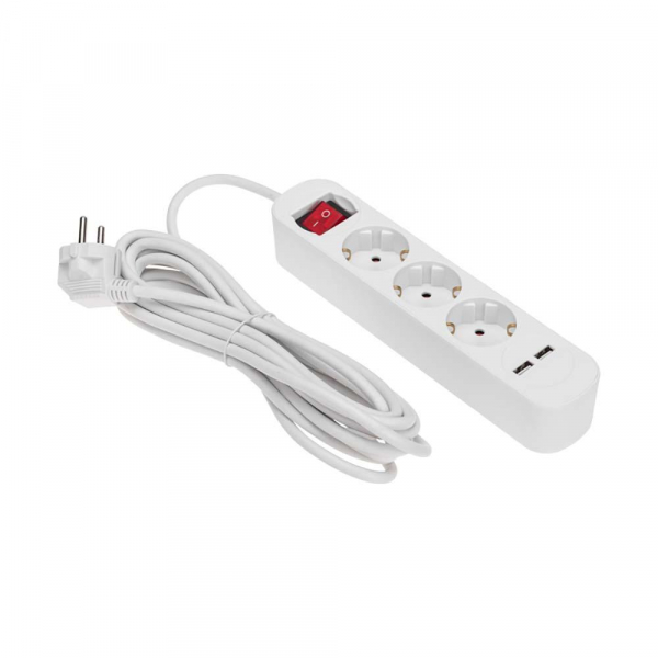 Удлинитель STANDARD 3 гнезда, 5м, 3х1,0мм², с/з, с выключателем, 2 USB, белый REXANT 13-4017