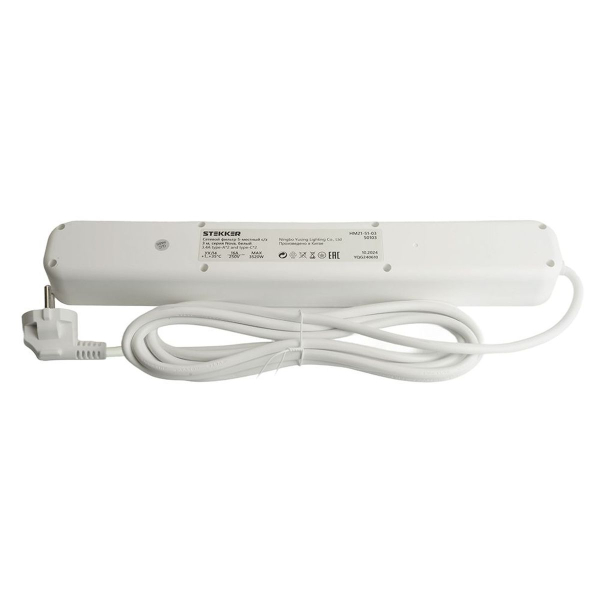 Сетевой фильтр 5-местный с/з STEKKER 3x1мм2, 3 м, 250В, 16А, 2 USB-A+2 Type-C 3, серия Nova, белый