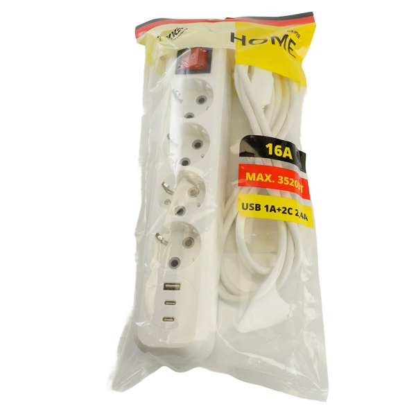 Удлинитель 4-местный с/з с выключ. Stekker HM071-41-02 3x1мм2, 2м, 250В, 16А, 1USB+2C, 2.4A Home, белый 50139