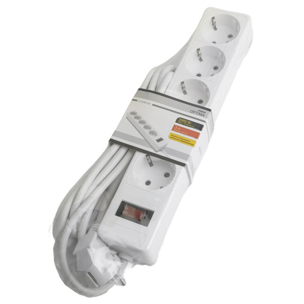Сетевой фильтр 5-местный с/з STEKKER HM20-51-03 3x1мм2, 3 м, серия Optima, белый