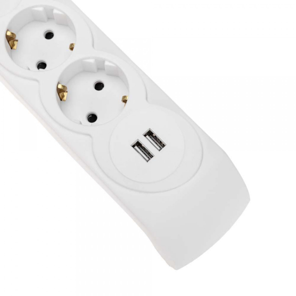 Фильтр сетевой 5 гнезд, 3м, 3х1,5мм², с автовыкл, 2 USB, белый KRANZ 13-4700