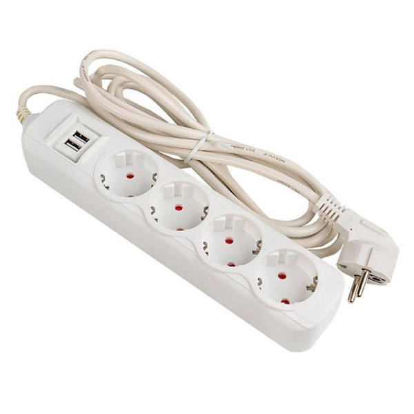 Удлинитель 'Эксперт' 4 гнезда 2 метра 16А/3,5кВт с 2 USB 2,1А ПВС 3х1 EKF UBA16-2USB-4-02i