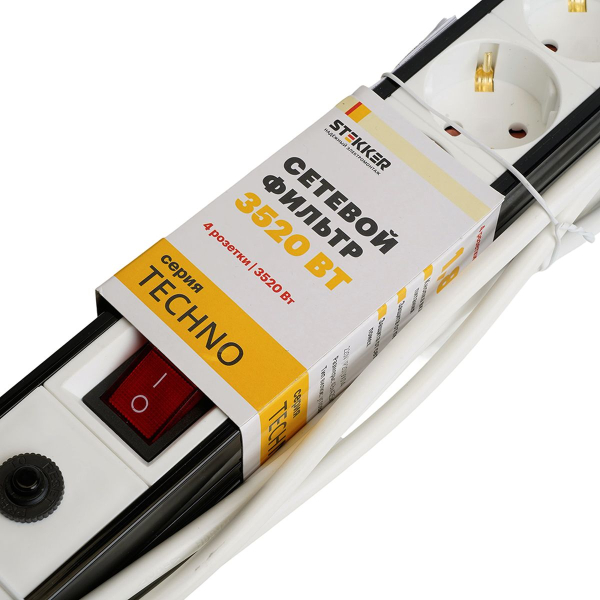 Сетевой фильтр 4-местный с/з Stekker 3x1мм2, 5 м, 250В, 16А Techno, HM22-41-05, белый 50149