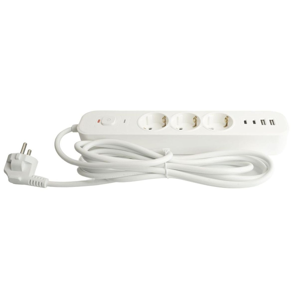 Сетевой фильтр 3-местный с/з STEKKER 3x1мм2, 1,8 м, 250В, 16А, 2 USB-A+2 Type-C, серия Nova, белый