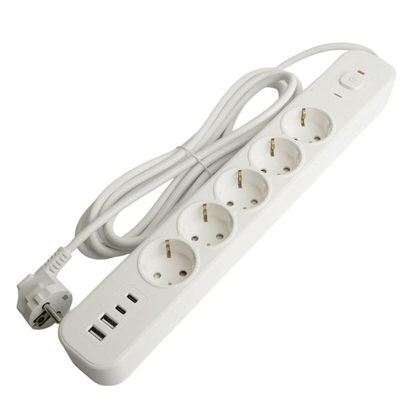 Сетевой фильтр 5-местный с/з STEKKER 3x1мм2, 3 м, 250В, 16А, 2 USB-A+2 Type-C 3, серия Nova, белый