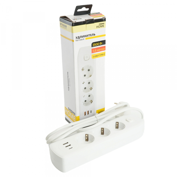 Удлинитель 3-местный c/з 3x1 мм2, 1,8 м, 250В, 10А, 2USB+1Type-C 2,4А, серия Home plus, белый STEKKER HM08-33-02 49970 Удлинитель 3-местный c/з 3x1 мм2, 1,8 м, 250В, 10А, 2USB+1Type-C 2,4А, серия Home plus, белый STEKKER HM08-33-02 49970
