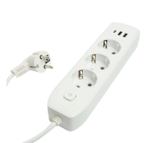 Удлинитель 3-местный c/з 3x1 мм2, 1,8 м, 250В, 10А, 2USB+1Type-C 2,4А, серия Home plus, белый STEKKER HM08-33-02 49970