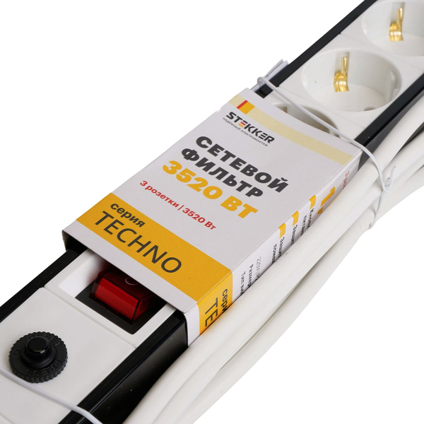Сетевой фильтр 3-местный с/з Stekker 3x1мм2, 5 м, 250В, 16А Techno, HM22-31-05, белый 50146