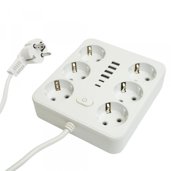 Удлинитель 6-местный c/з 3x1 мм2, 1,8 м, 250В, 10А, 4USB+2Type-C 2,4А, серия Home plus, белый STEKKER HM09-66-02 49975 Удлинитель 6-местный c/з 3x1 мм2, 1,8 м, 250В, 10А, 4USB+2Type-C 2,4А, серия Home plus, белый STEKKER HM09-66-02 49975
