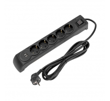 Фильтр сетевой 5 гнезд, 3м, 3х1,5мм², с автовыкл, 2 USB, черный KRANZ 13-4702