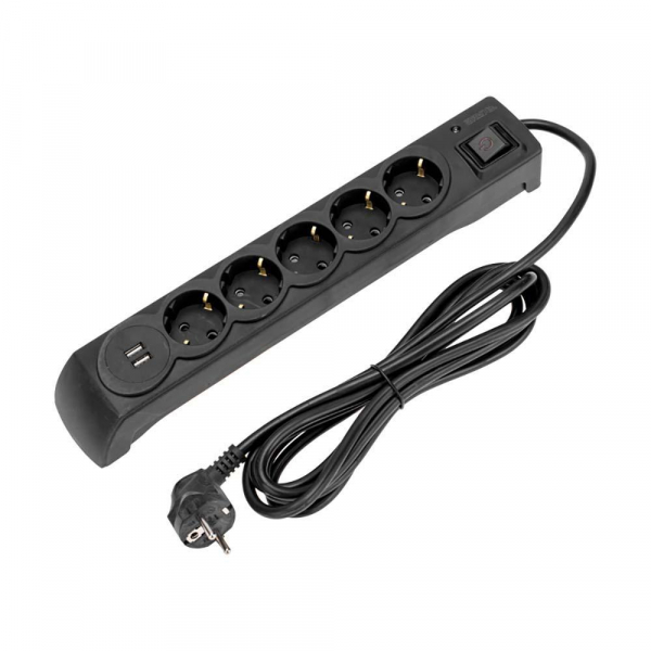 Фильтр сетевой 5 гнезд, 3м, 3х1,5мм², с автовыкл, 2 USB, черный KRANZ 13-4702