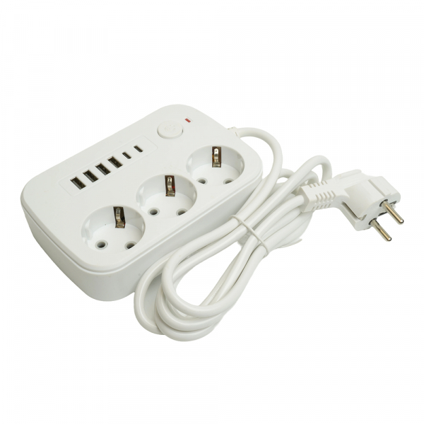 Удлинитель 3-местный c/з 3x1 мм2, 1,8 м, 250В, 10А, 4USB+2Type-C 2,4А, серия Home plus, белый STEKKER HM09-36-02 49972 Удлинитель 3-местный c/з 3x1 мм2, 1,8 м, 250В, 10А, 4USB+2Type-C 2,4А, серия Home plus, белый STEKKER HM09-36-02 49972
