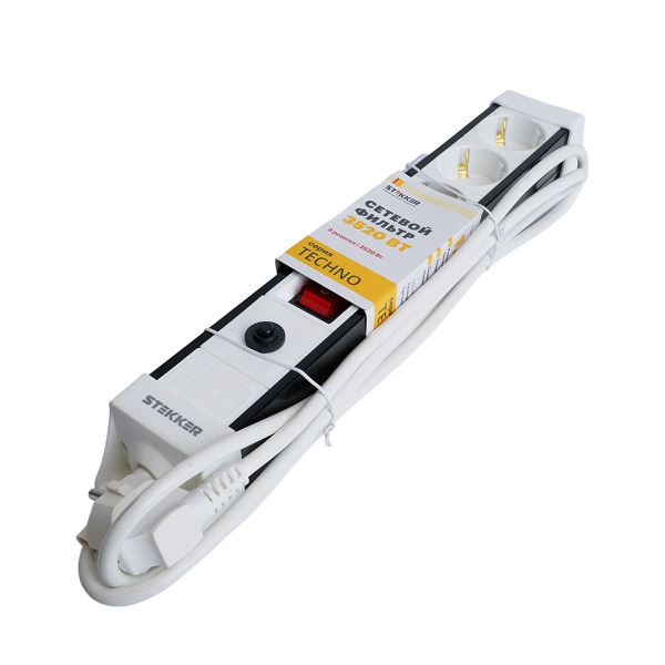 Сетевой фильтр 3-местный с/з Stekker 3x1мм2, 5 м, 250В, 16А Techno, HM22-31-05, белый 50146