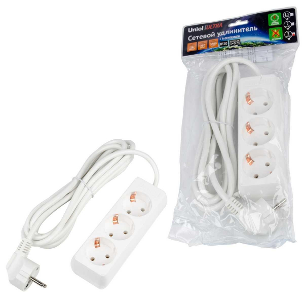 Удлинитель Uniel Ultra 3гн х 3м с/з S-GCU3-3 White UL-00010001 Удлинитель Uniel Ultra 3гн х 3м с/з S-GCU3-3 White UL-00010001