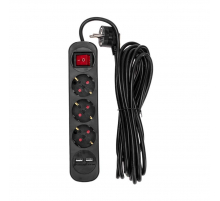 Удлинитель STANDARD 3 гнезда, 5м, 3х1,0мм², с/з, с выключателем, 2 USB, черный REXANT 13-4023