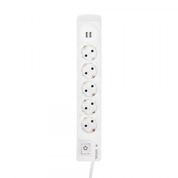 Фильтр сетевой 5 гнезд, 3м, 3х1,5мм², с автовыкл, 2 USB, белый KRANZ 13-4700
