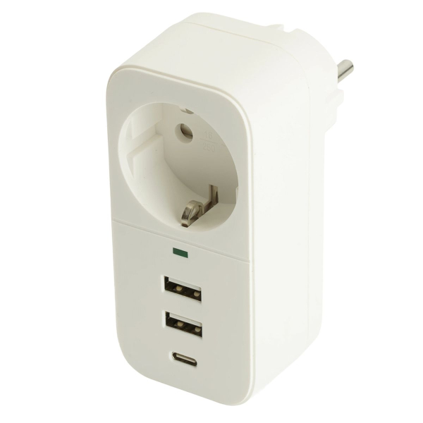 Сетевой фильтр 1-местный с/з Stekker 250В, 16А, 2USB+1Type-C 2,4 A Nova, HM81-11-1, белый 50142