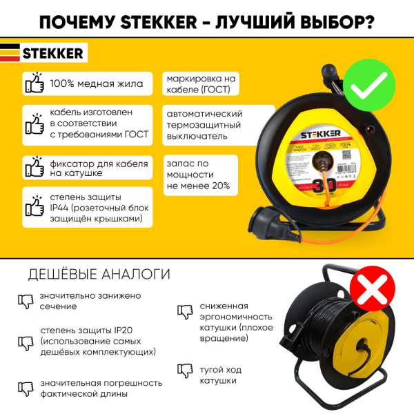Удлинитель Stekker Standart 1гн 30м с/з STD02-11-30 39635