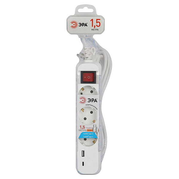Удлинитель электрический ЭРА UB-3es-1,5m-USB c заземлением с выключателем 3 розетки + 1xUSBA+1xUSBC 1,5м 10А Б0052897
