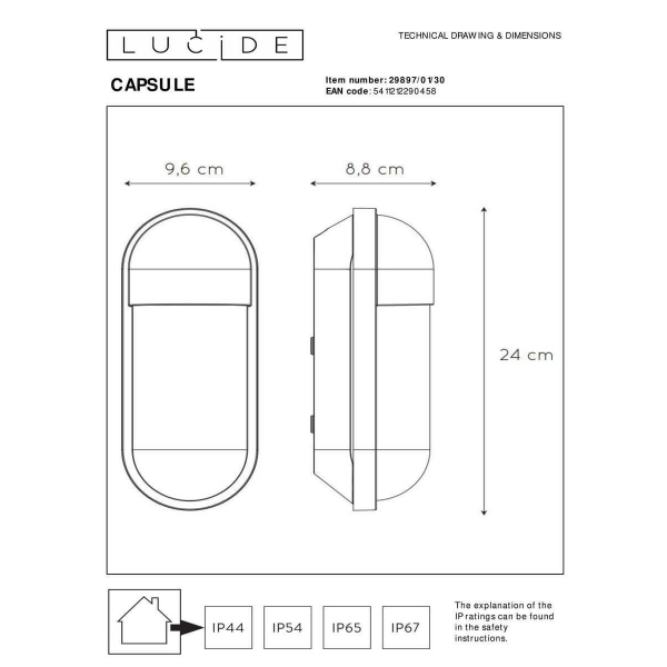 Уличный настенный светильник Lucide Capsule 29897/01/30 Уличный настенный светильник Lucide Capsule 29897/01/30
