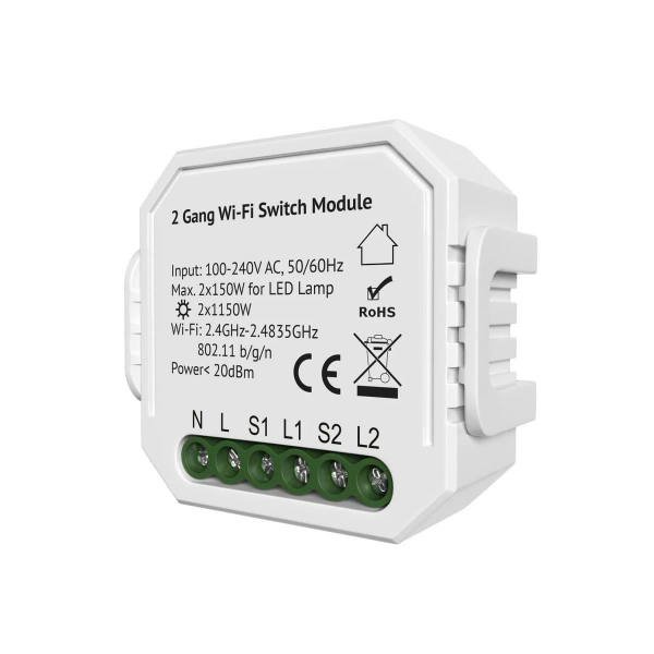 Двухканальное Wi-Fi реле-выключатель Denkirs 2x1150Вт/2x150Вт для LED RL1002-SM/1 Двухканальное Wi-Fi реле-выключатель Denkirs 2x1150Вт/2x150Вт для LED RL1002-SM/1